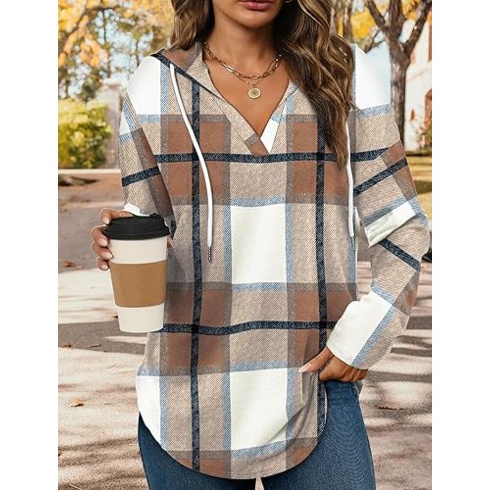 Womens Fashion Tops Hoodies Pullover Sweatshirts Long Sleeve Shirts Plaid Medium